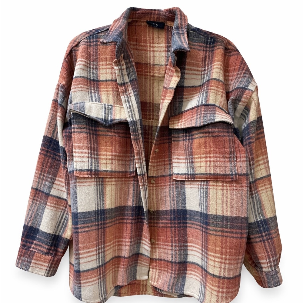 Vici Plaid Utility Shacket in Rust, Navy & Cream
